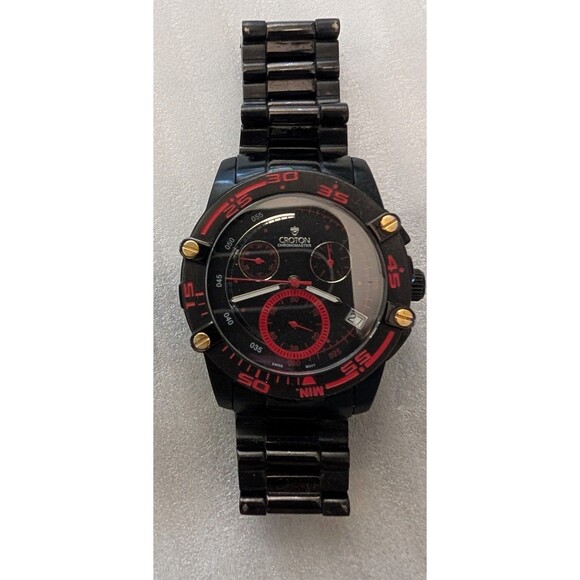 Croton Chronomaster Men's Black& Red Accent Chronograph Wristwatch Vintage - Picture 1 of 6